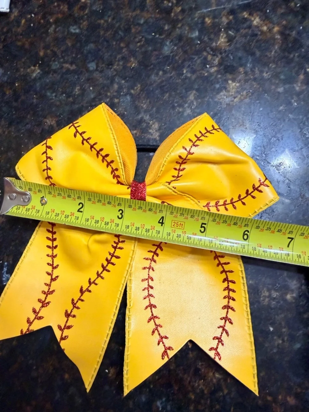 NWOT Vegan Leather Yellow Softball Red Stitch Bow Piny Tail Holder